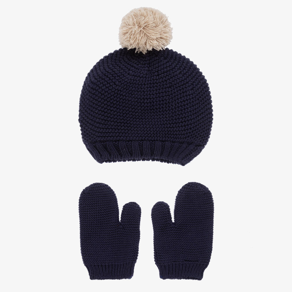 Babidu-Navy Blue Cotton Knit Hat & Mittens Set | Childrensalon Outlet