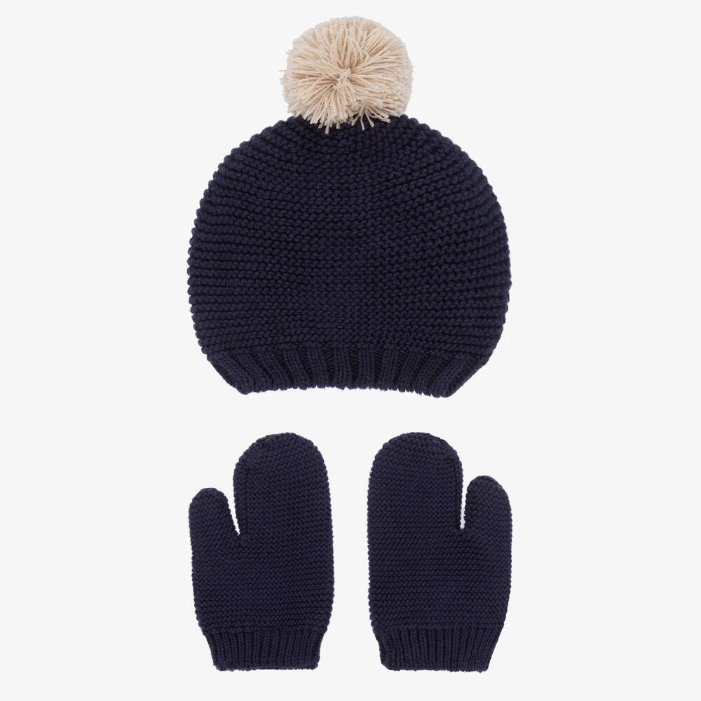 Babidu-Navy Blue Cotton Knit Hat & Mittens Set | Childrensalon Outlet