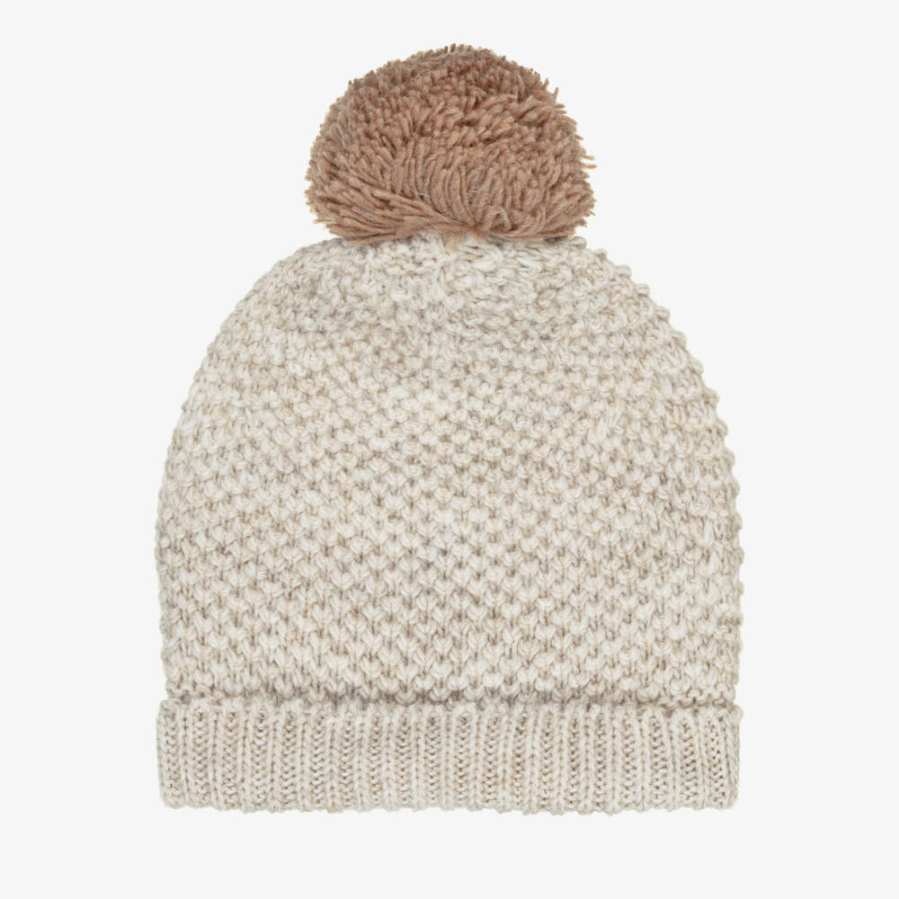 Babidu-Pale Beige Knitted Baby Hat with Pom-Pom | Childrensalon Outlet