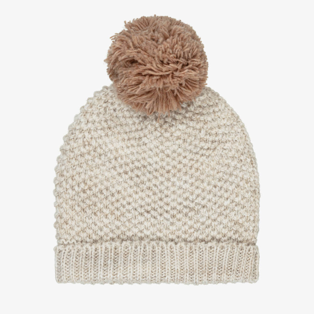 Babidu-Pale Beige Knitted Baby Hat with Pom-Pom | Childrensalon Outlet