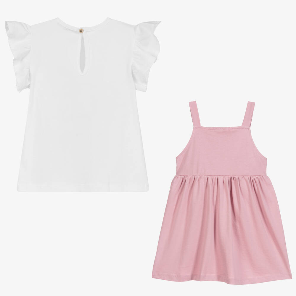 بابيدو -طقم فستان وتوب قطن لون زهري وأبيض | Childrensalon Outlet