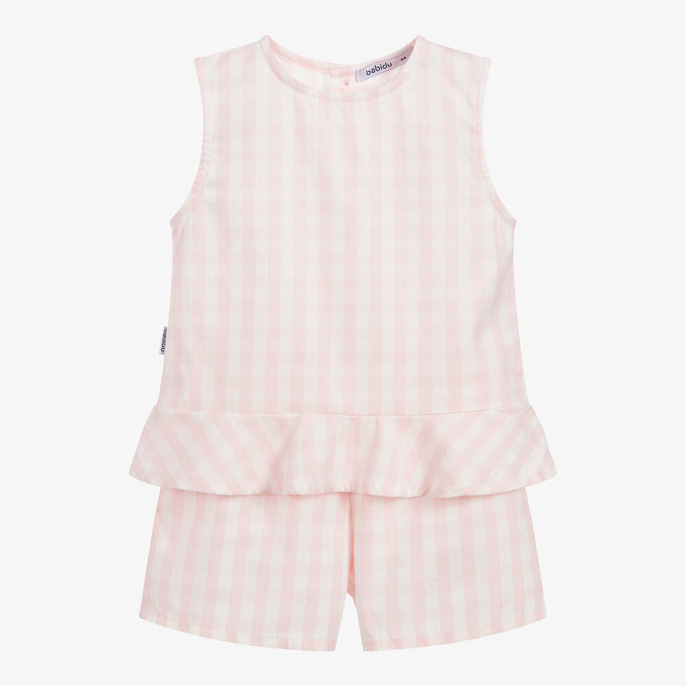 Babidu - Pink Check Cotton Shorts Set | Childrensalon