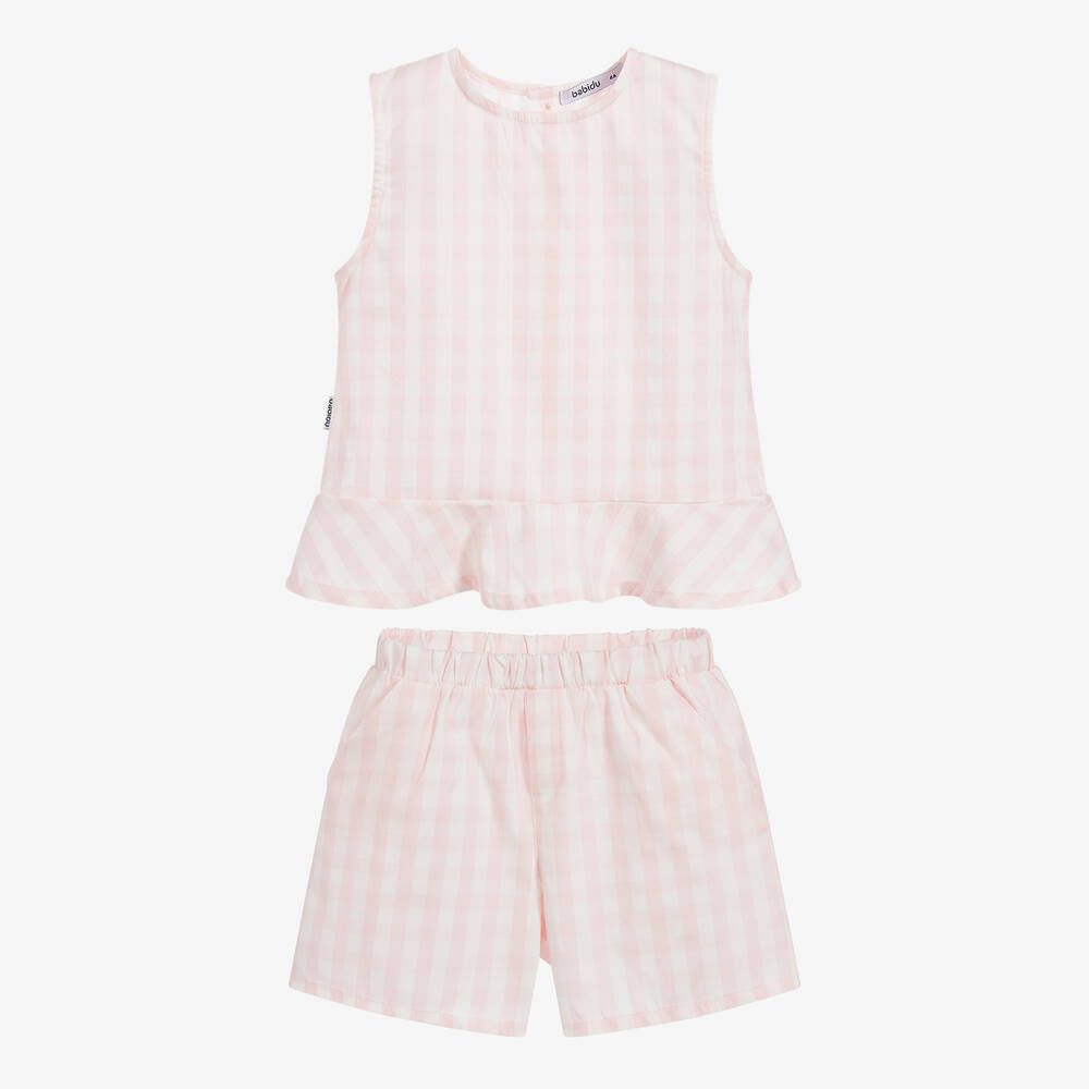 Babidu-Pink Check Cotton Shorts Set | Childrensalon Outlet