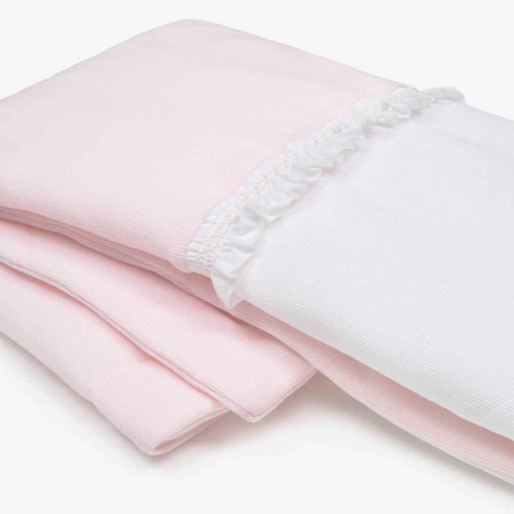 Babidu-Pink Cotton Knit Padded Blanket with Smocked Frill (80cm) | Childrensalon Outlet