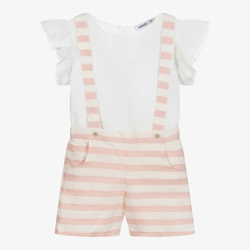 Babidu-Комплект с шортами цвета слоновой кости в розовую полоску | Childrensalon Outlet