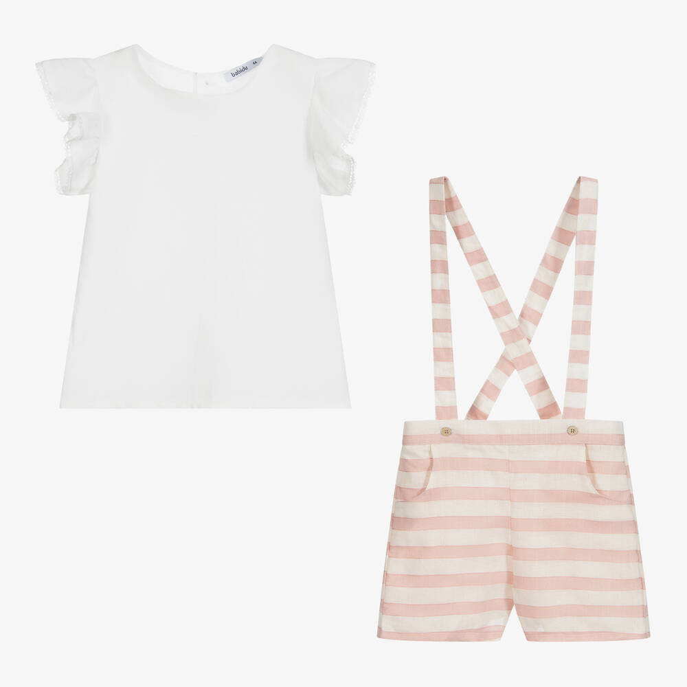 Babidu-Комплект с шортами цвета слоновой кости в розовую полоску | Childrensalon Outlet