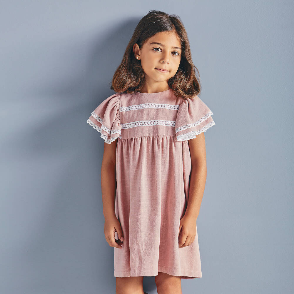 Babidu-فستان قطن عضوي لون زهري وأبيض مزين بدانتيل | Childrensalon Outlet