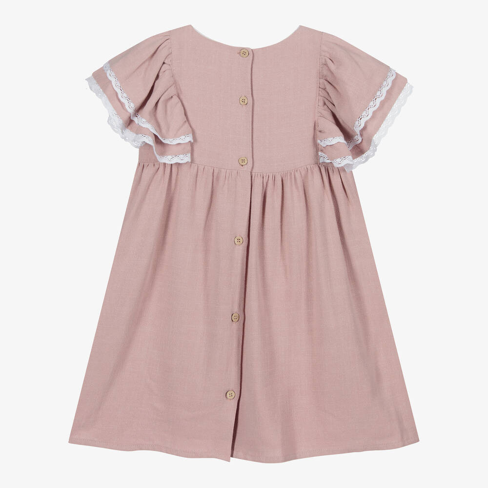 Babidu-فستان قطن عضوي لون زهري وأبيض مزين بدانتيل | Childrensalon Outlet