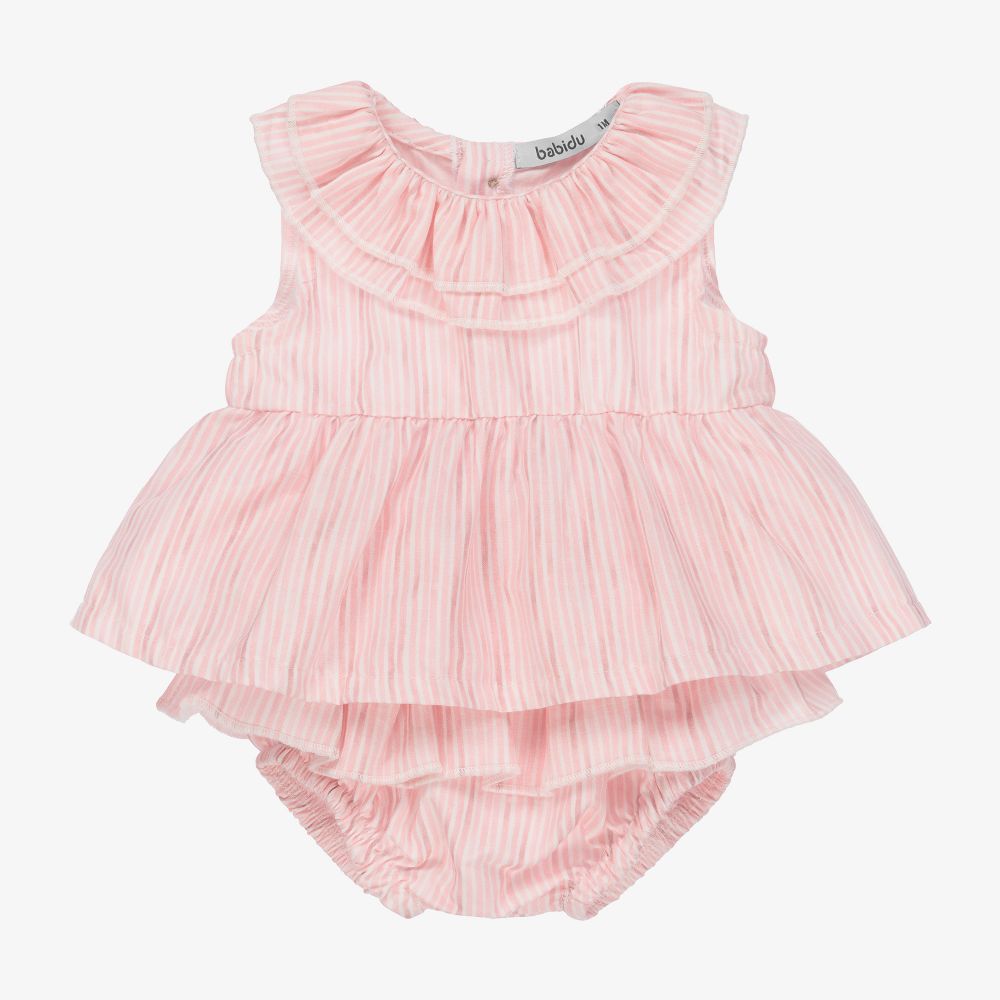 Babidu - Pink Stripe Ruffle Shorts Set | Childrensalon