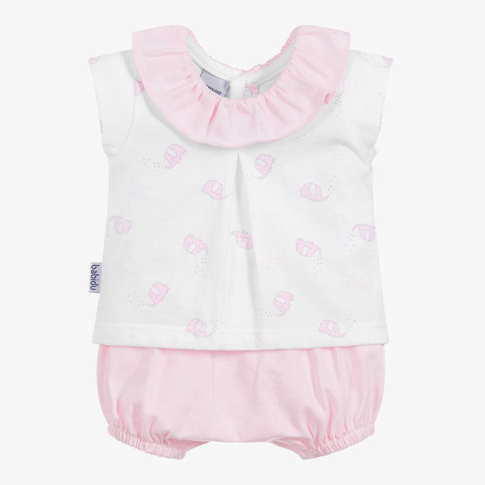 Babidu - Pink & White Cotton Shorts Set | Childrensalon