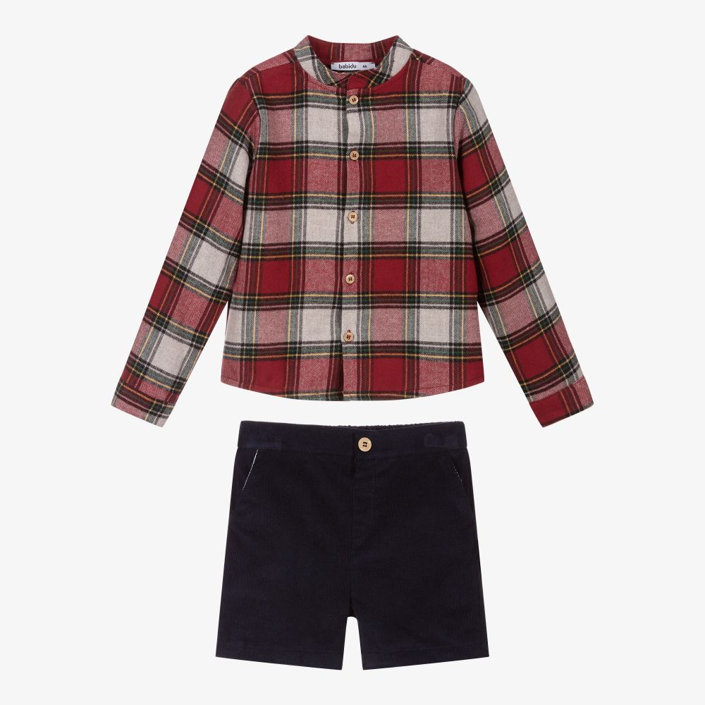 Babidu-طقم شورت قطن لون أحمر وكحلي للأولاد | Childrensalon Outlet