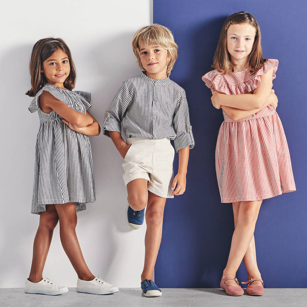 Babidu-فستان قطن مقلم لون أحمر و عاجي | Childrensalon Outlet