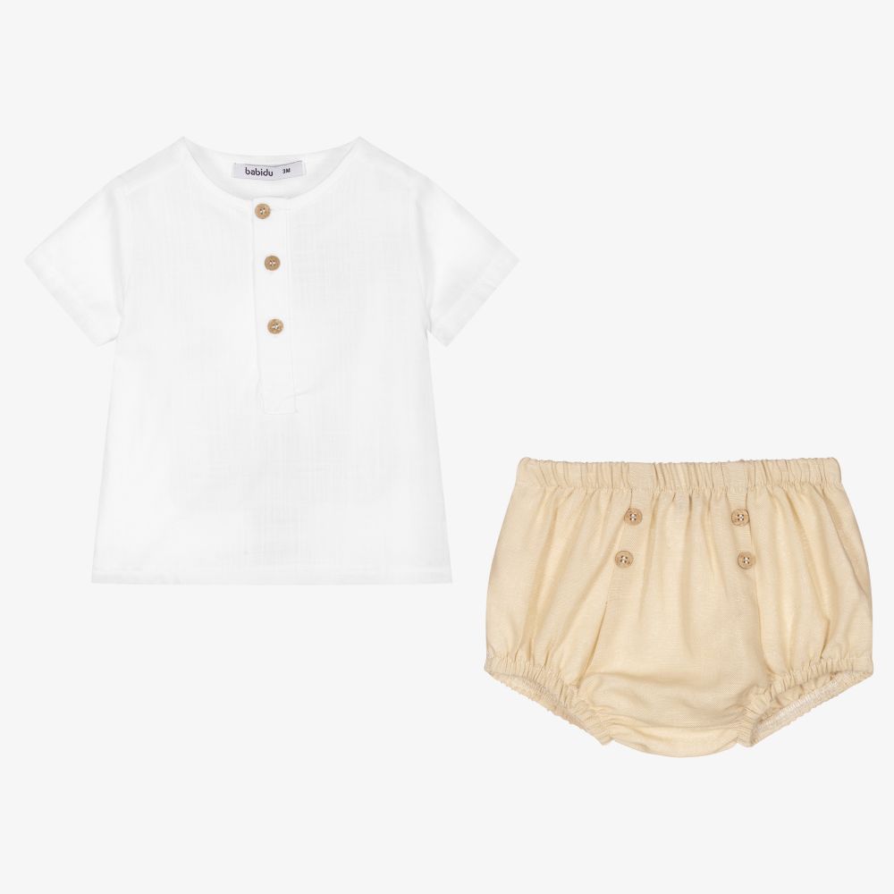 Babidu-طقم شورت أطفال ولادي قطن وكتان لون أبيض وبيج | Childrensalon Outlet