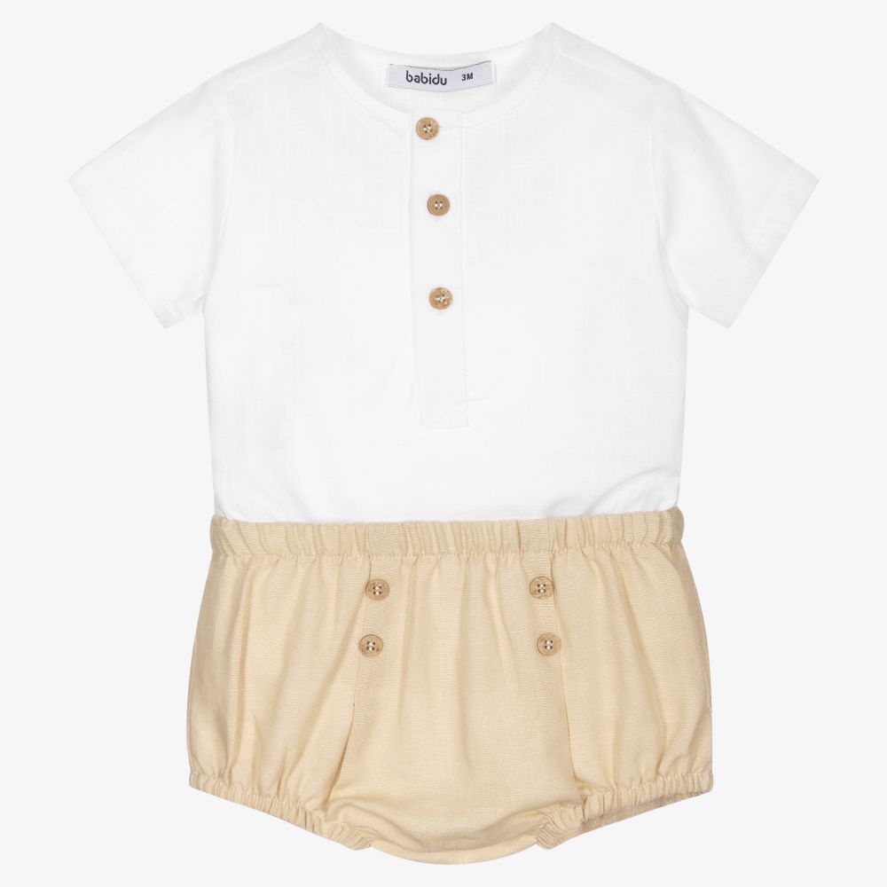 Babidu - White & Beige Linen Shorts Set | Childrensalon