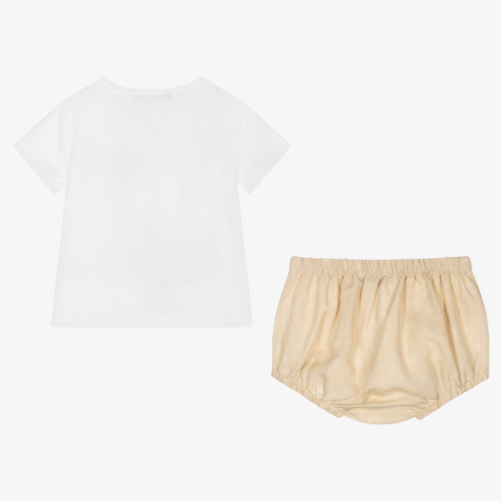 Babidu-طقم شورت أطفال ولادي قطن وكتان لون أبيض وبيج | Childrensalon Outlet
