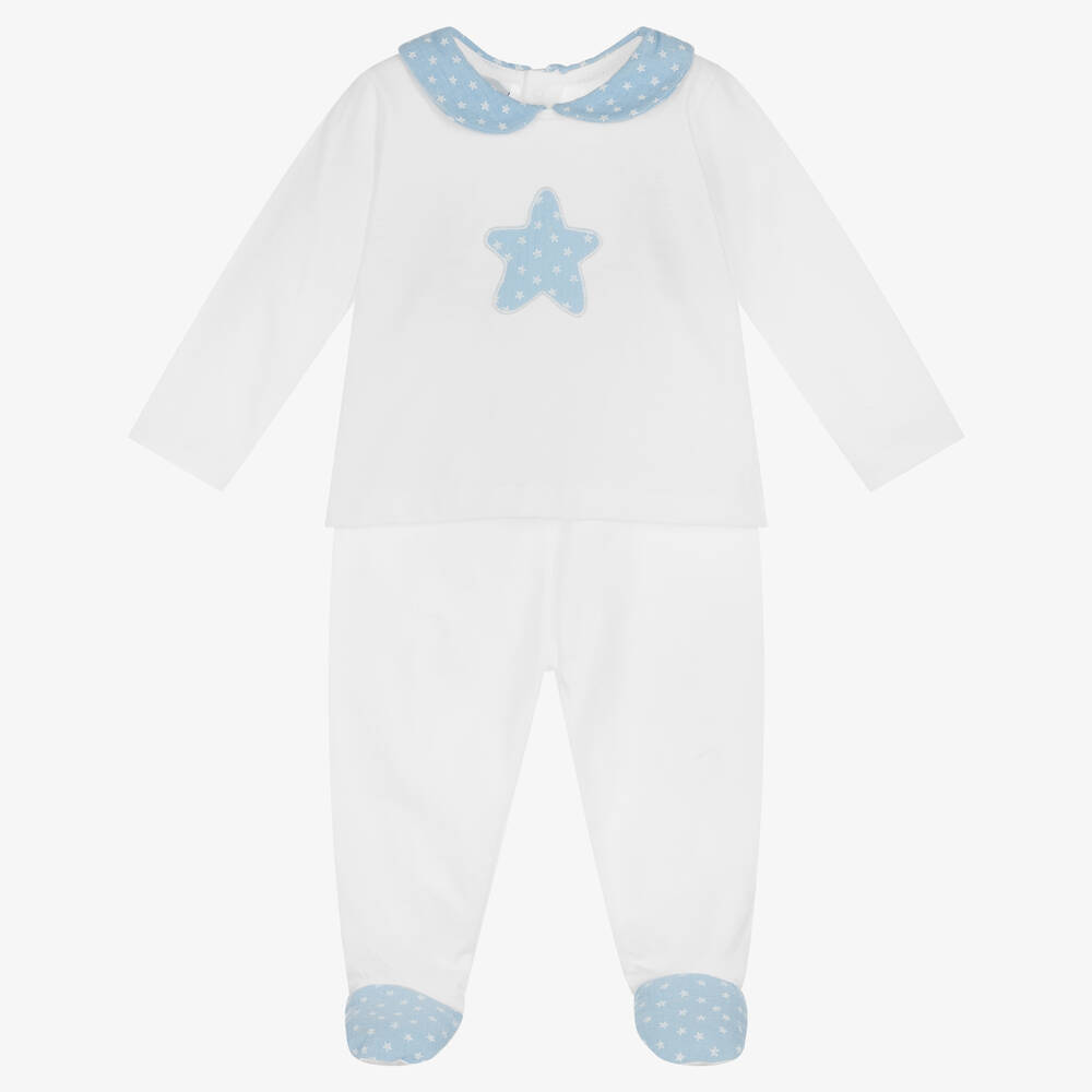 Babidu - White & Blue 2 Piece Cotton Babygrow | Childrensalon
