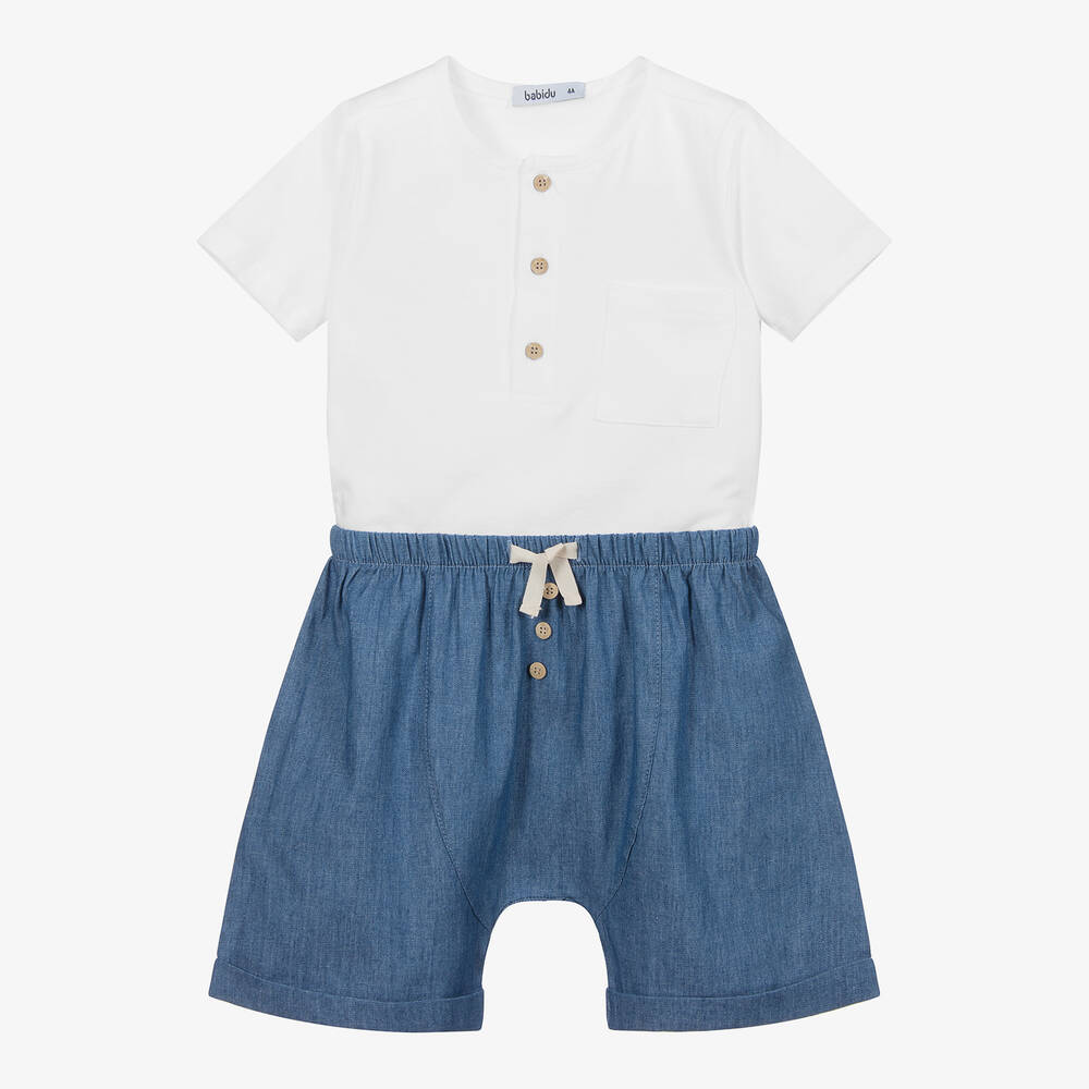 Babidu - White & Blue Cotton Shorts Set | Childrensalon