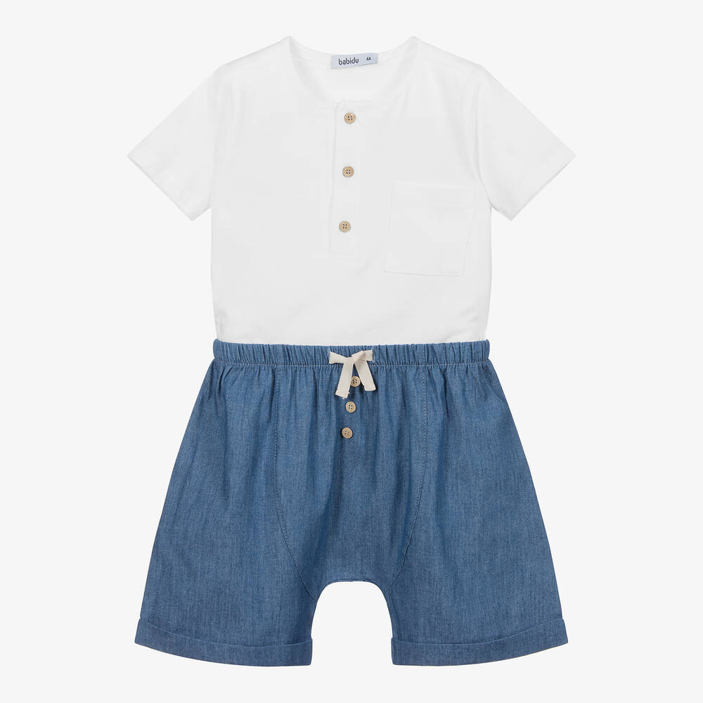 Babidu - Ensemble short bleu et blanc en coton | Childrensalon