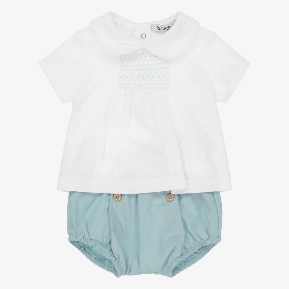 Babidu - White & Blue Cotton Shorts Set | Childrensalon