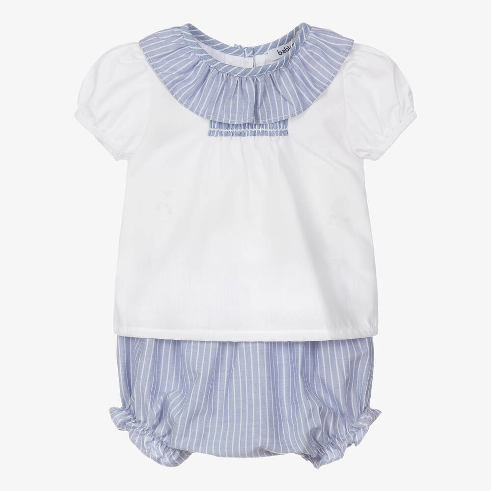 Babidu - White & Blue Striped Shorts Set | Childrensalon