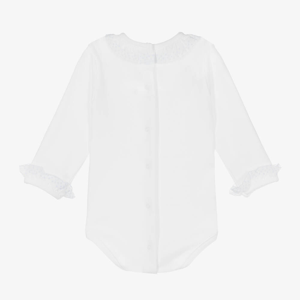 Babidu-White Cotton Bodysuit With Blue Embroidered Trims | Childrensalon Outlet
