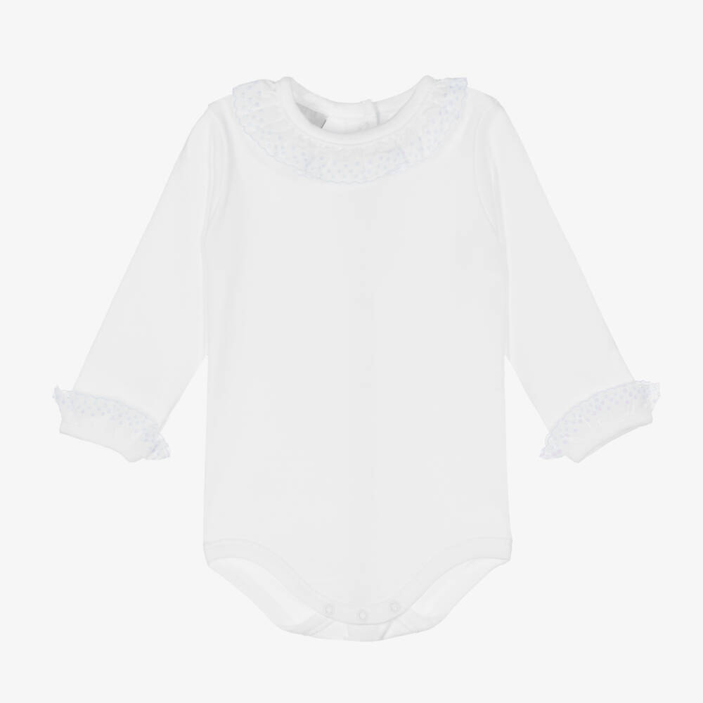 Babidu-White Cotton Bodysuit With Blue Embroidered Trims | Childrensalon Outlet