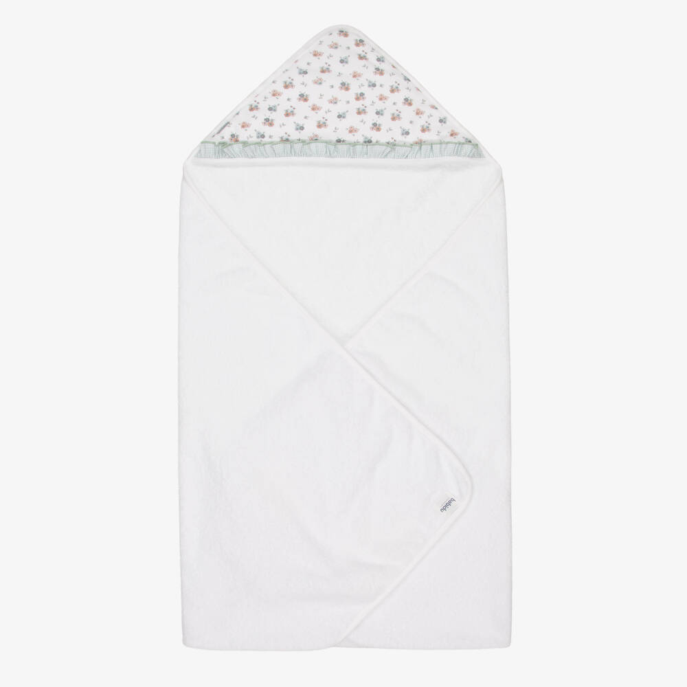 Babidu-White Cotton Floral Hooded Towel with Gingham Frill (100cm) | Childrensalon Outlet