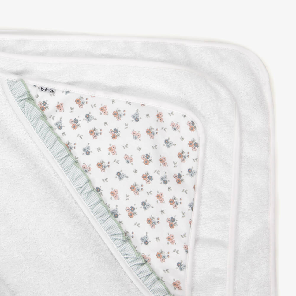 Babidu-White Cotton Floral Hooded Towel with Gingham Frill (100cm) | Childrensalon Outlet