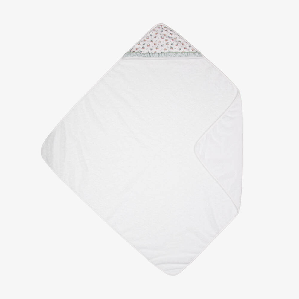 Babidu-White Cotton Floral Hooded Towel with Gingham Frill (100cm) | Childrensalon Outlet