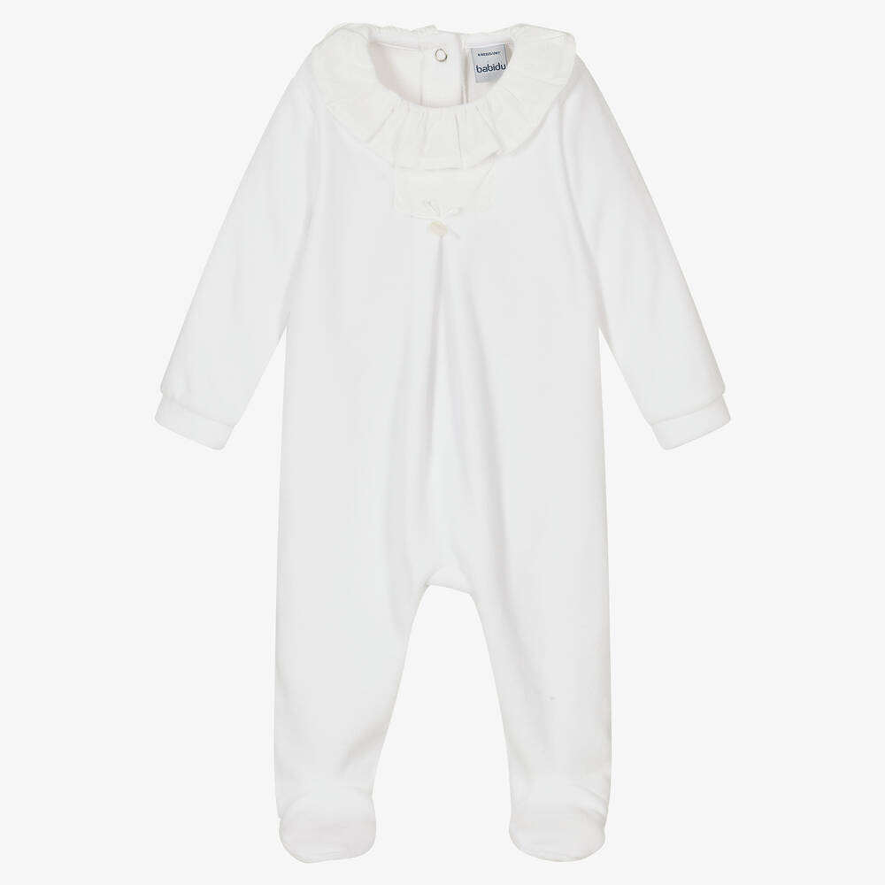 Babidu-White Cotton Velour Babygrow | Childrensalon Outlet