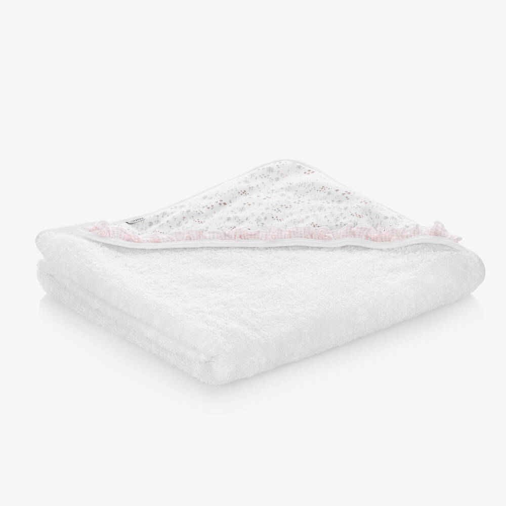 Babidu-White Floral Hooded Cotton Towel (100cm) | Childrensalon Outlet