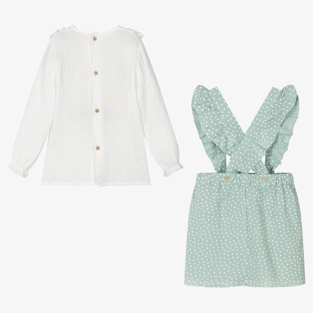 بابيدو -طقم تنورة قطن لون أخضر وأبيض | Childrensalon Outlet