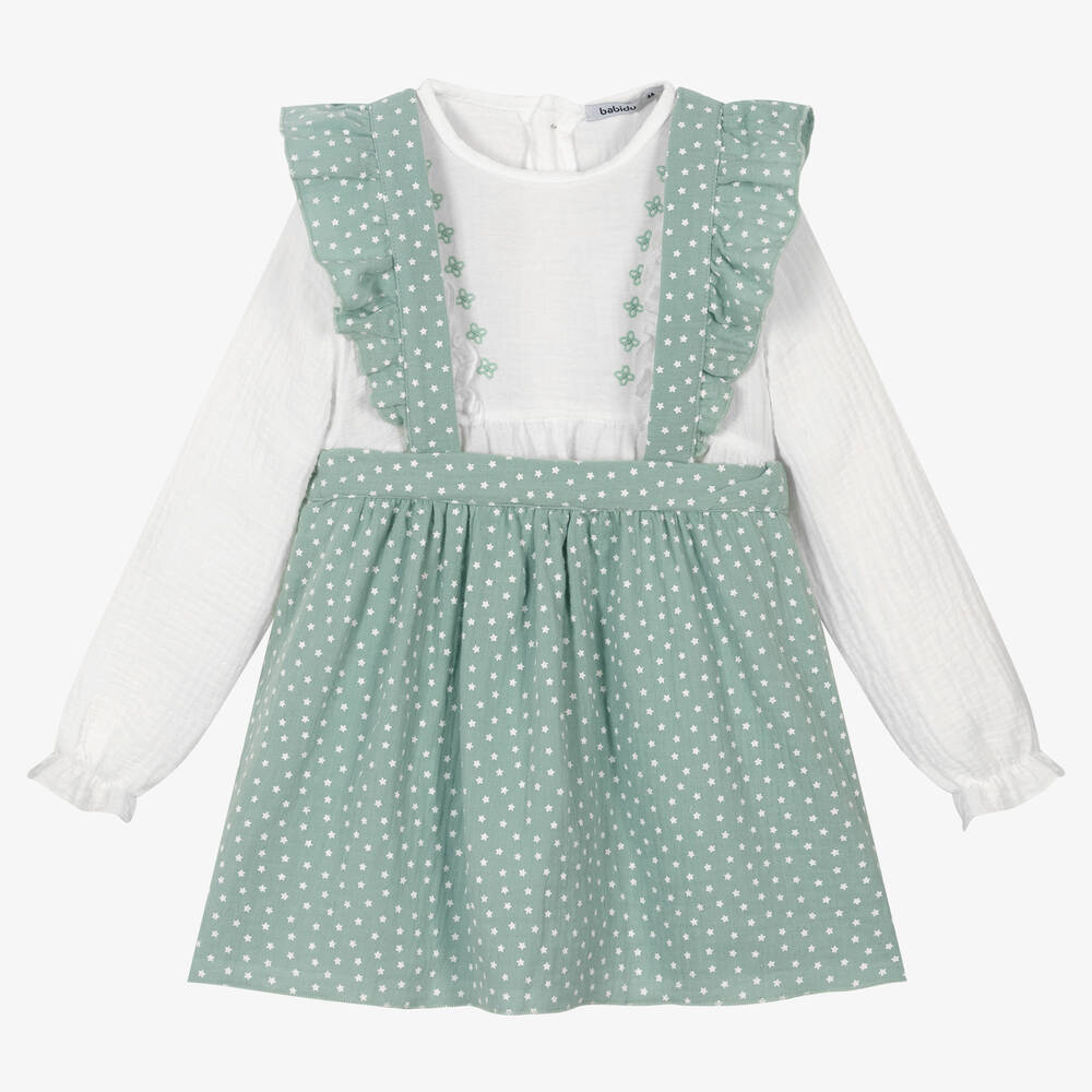 Babidu - White & Green Cotton Skirt Set | Childrensalon