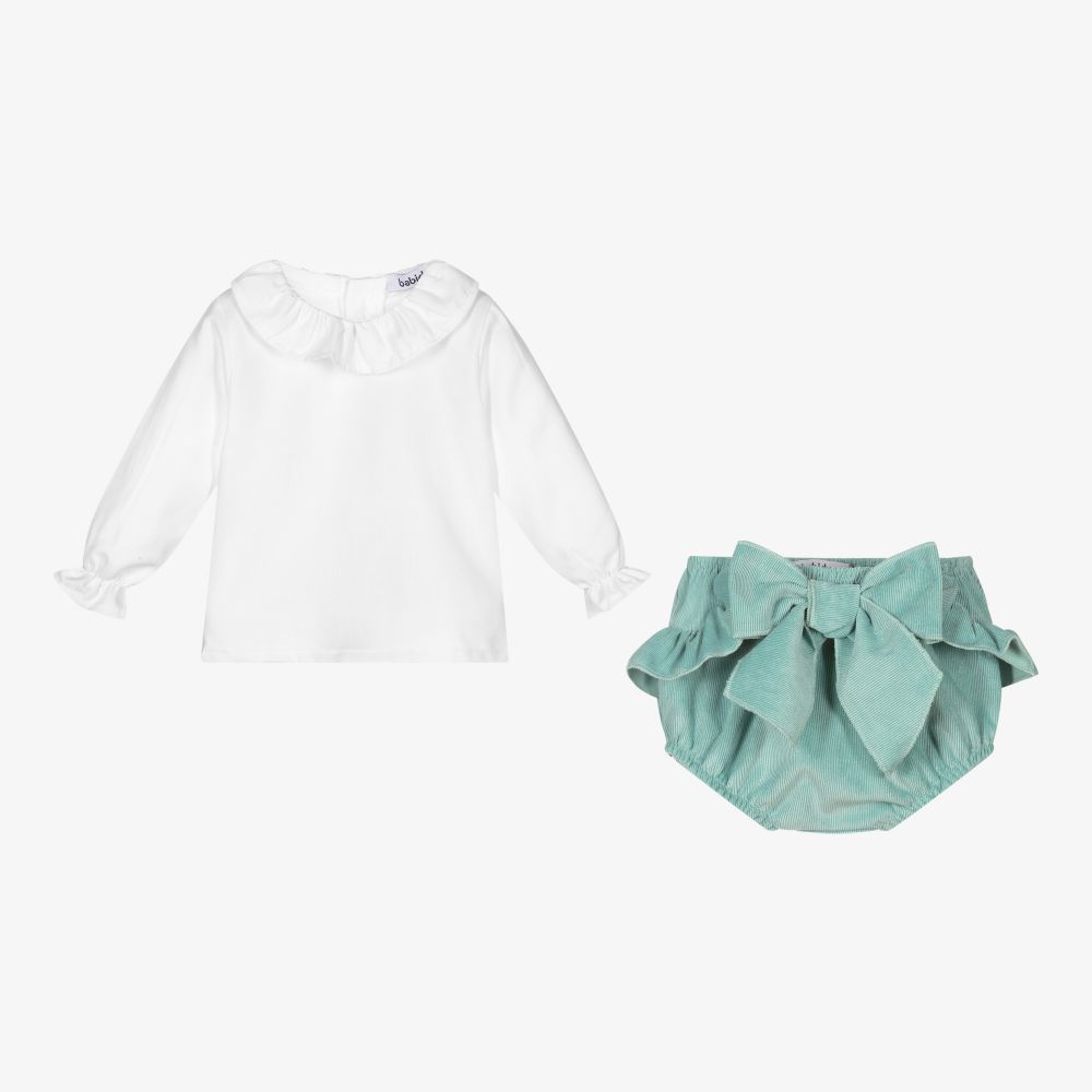 بابيدو -طقم شورت وبلوز أطفال بناتي قطن لون أخضر وأبيض | Childrensalon Outlet