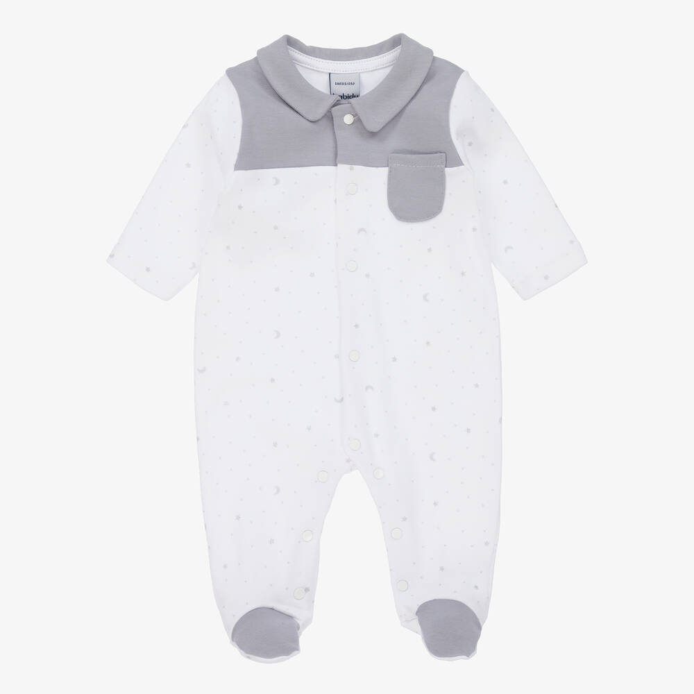 Babidu - White & Grey Cotton Babygrow | Childrensalon