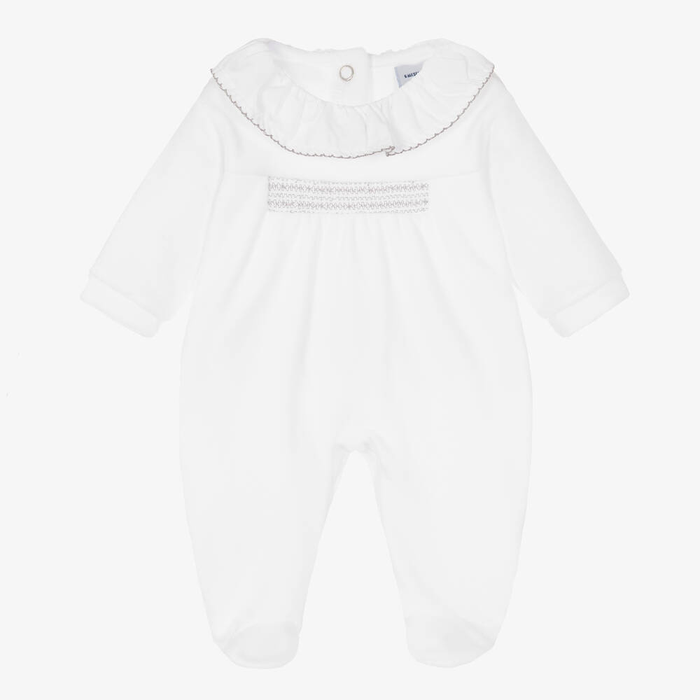 Babidu - White & Grey Velour Babygrow | Childrensalon