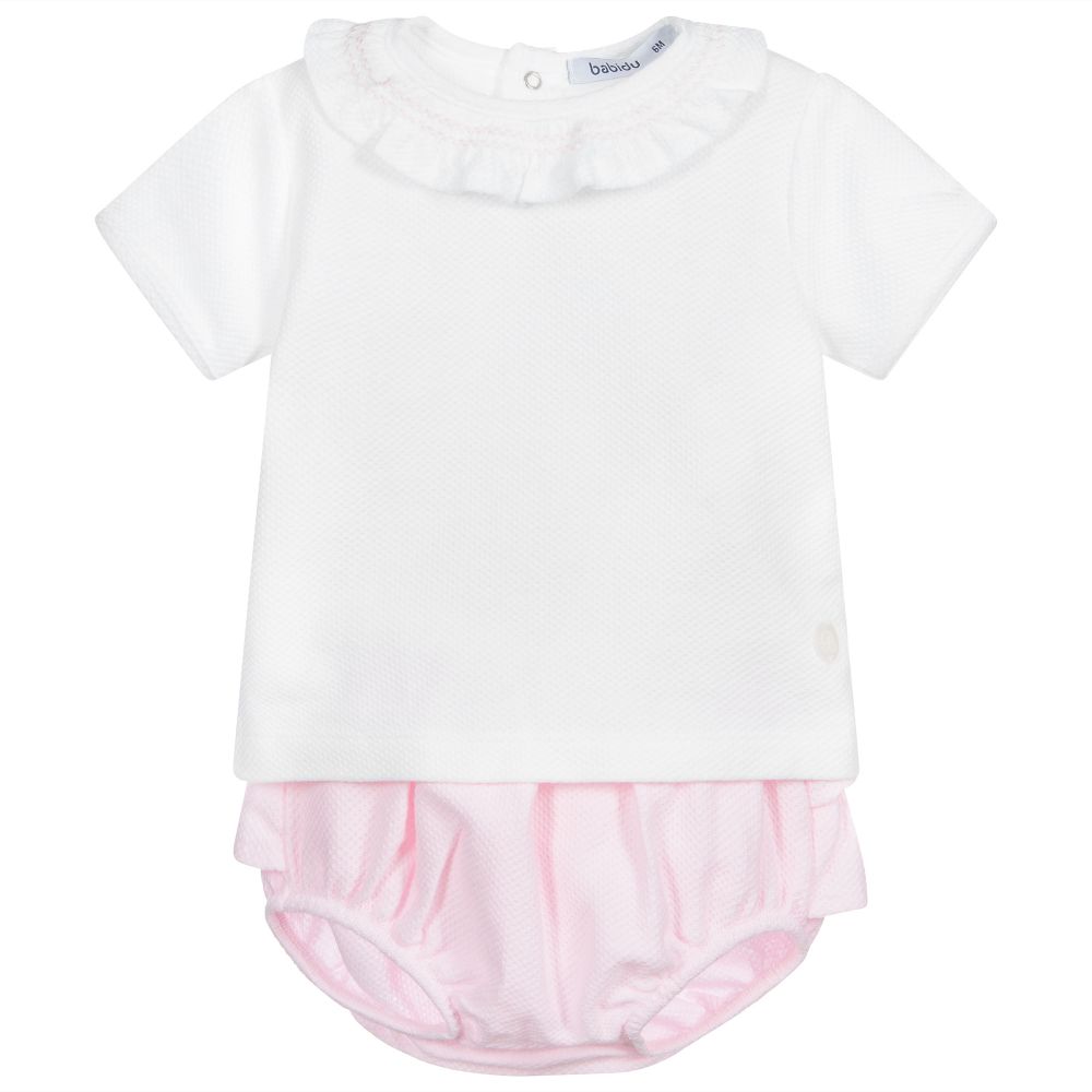 Babidu - White & Pink Cotton Shorts Set | Childrensalon