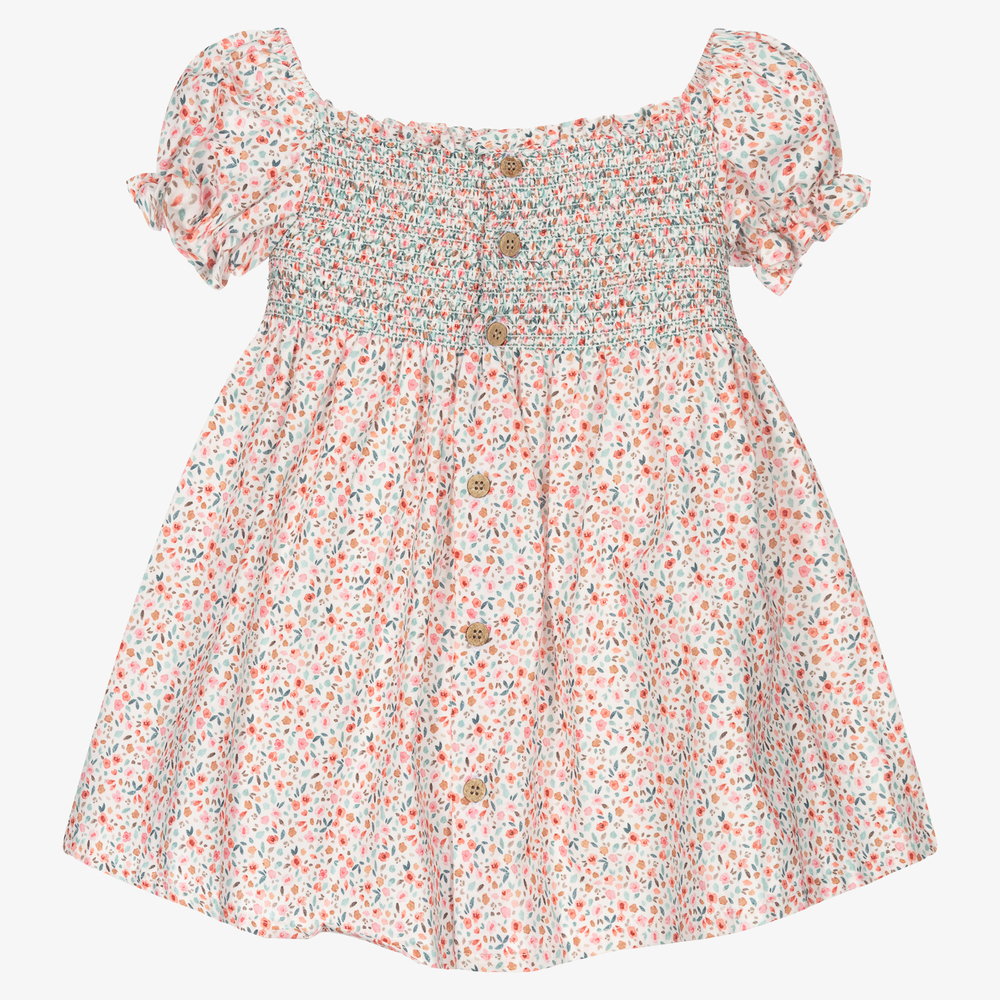Babidu-فستان قطن بوبلين لون أبيض وزهري بطبعة ورود | Childrensalon Outlet