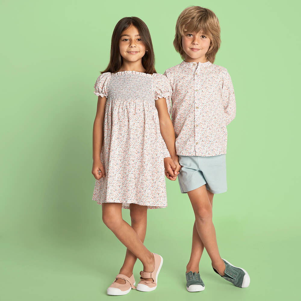 Babidu-فستان قطن بوبلين لون أبيض وزهري بطبعة ورود | Childrensalon Outlet