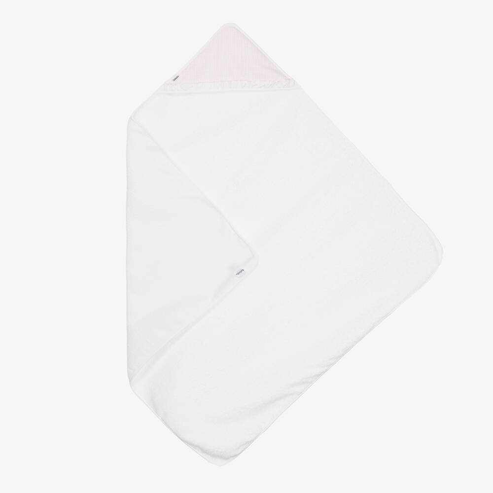 Babidu - White & Pink Hooded Cotton Towel (100cm) | Childrensalon