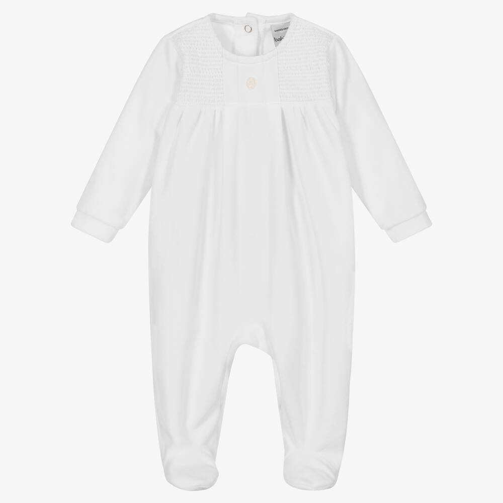 Babidu - White Shirred Cotton Velour Babygrow | Childrensalon