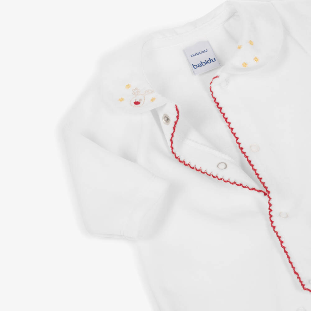 Babidu-White Velour Babygrow with Festive Reindeer Embroidery | Childrensalon Outlet