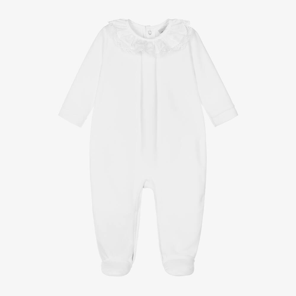 Babidu-White Velour Babygrow With Lace Trim Collar | Childrensalon Outlet
