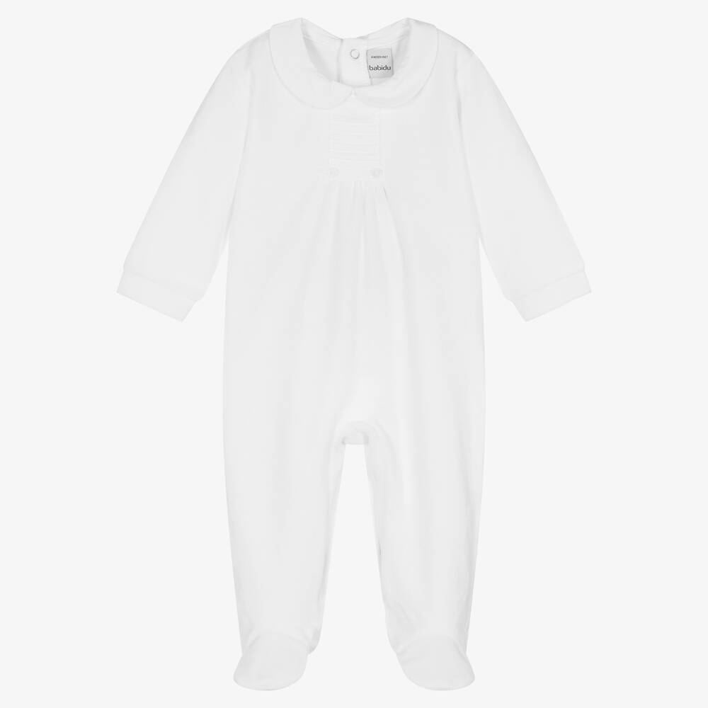 Babidu-White Velour Collared Babygrow | Childrensalon Outlet