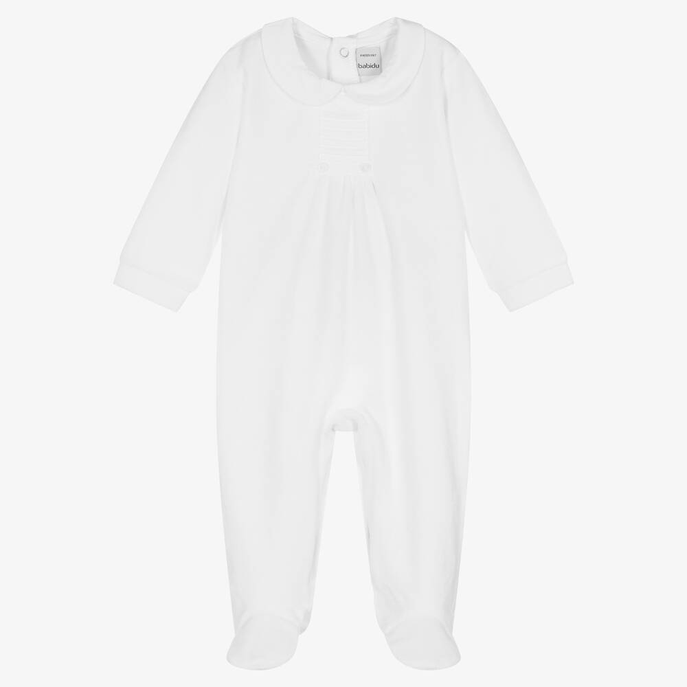 Babidu - White Velour Collared Babygrow | Childrensalon