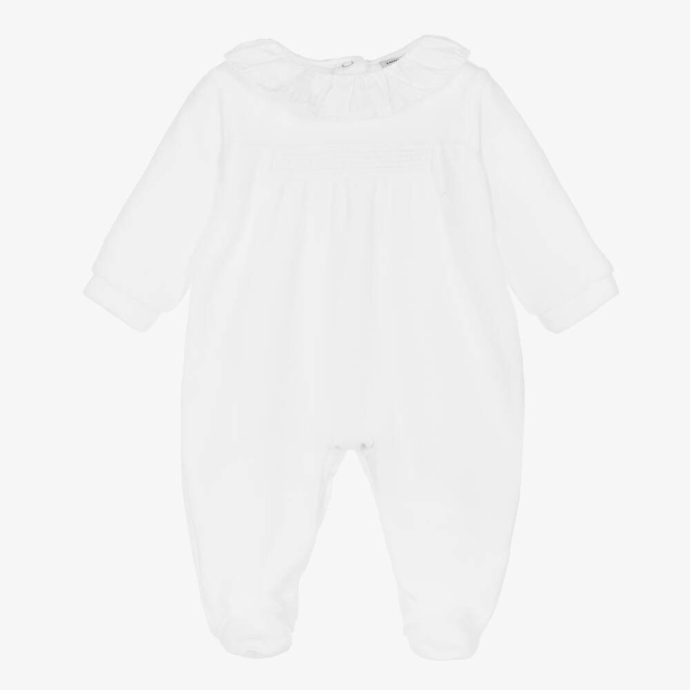 Babidu - Grenouillère blanche velours à smocks | Childrensalon