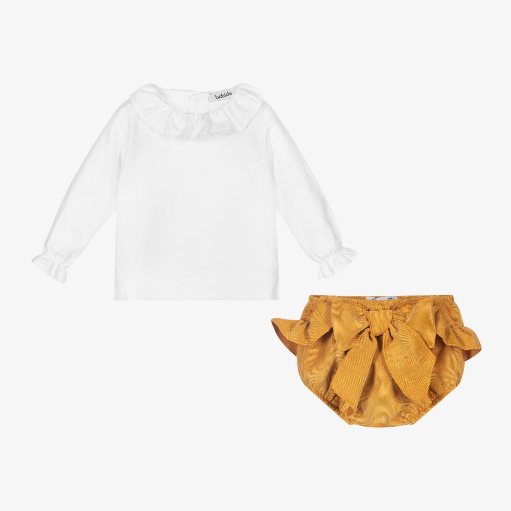 Babidu-طقم شورت وبلوز أطفال بناتي قطن لون أصفر وأبيض | Childrensalon Outlet