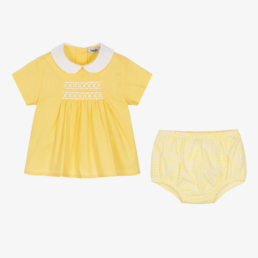 Babidu- Yellow Cotton Smocked Shorts Set | Childrensalon Outlet