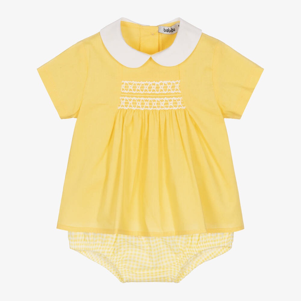 Babidu -  Ensemble short coton jaune smocké | Childrensalon