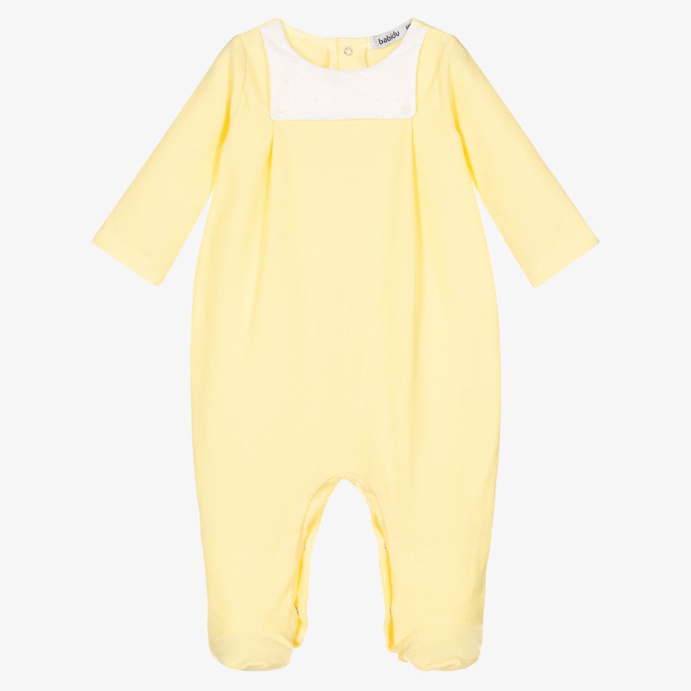 Babidu - Yellow Cotton Waffle Babygrow | Childrensalon